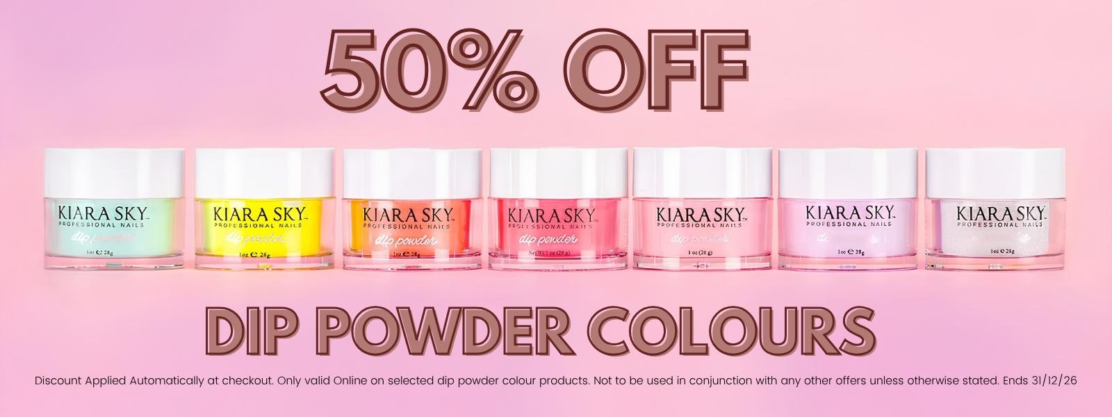 Promotional banner for KIARA SKY dip powder colours with 50% off offer on a pink background.